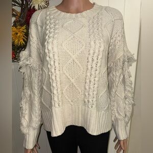 A.N.A Cream Cable Knit Fringe Sleeve Pullover Sweater Size L